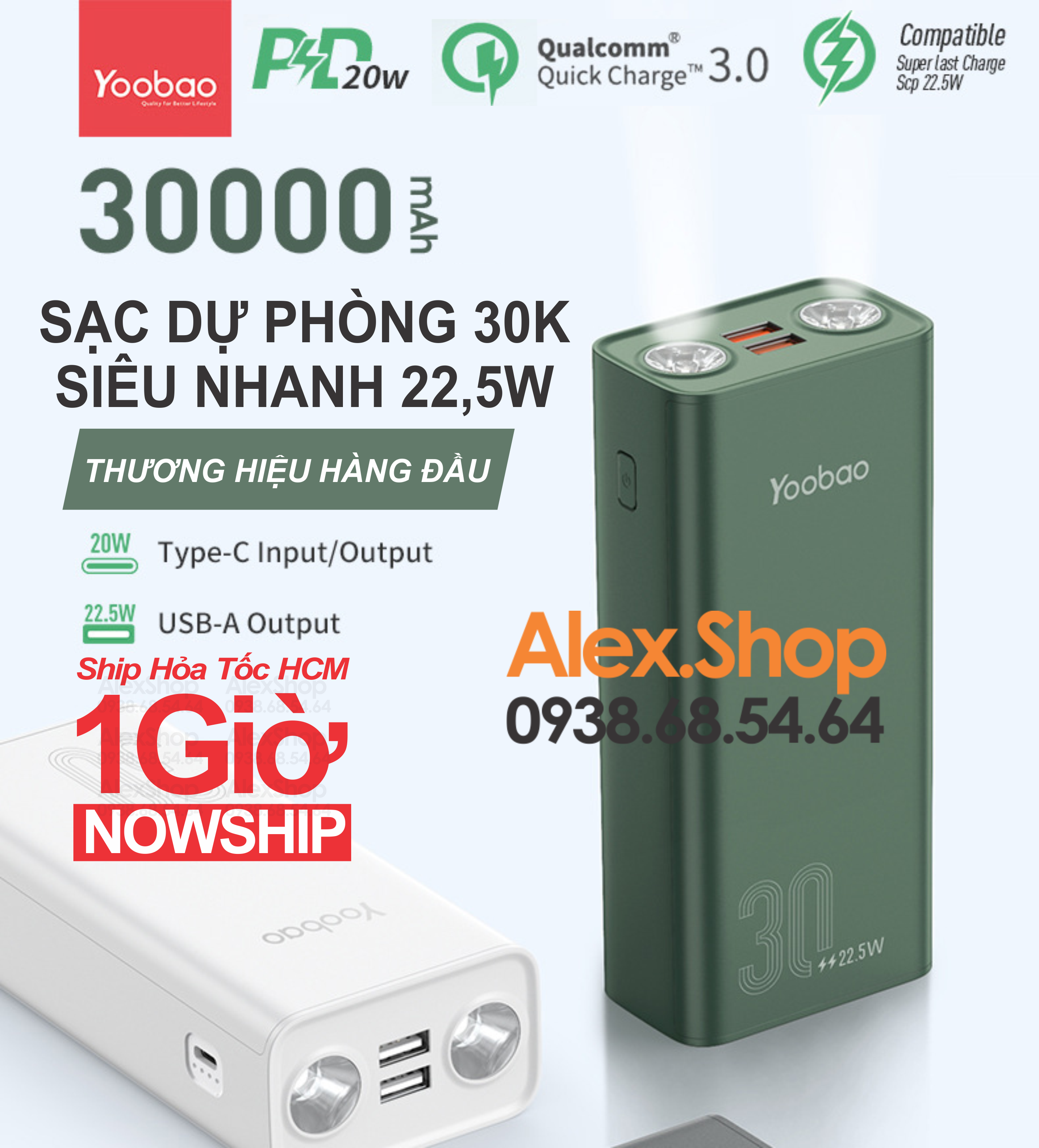 🔥17.9 - 30.9🔥Sạc Dự Phòng Khủng Siêu Nhanh Yoobao 225W Đèn Pin Siêu Sáng 30000mah Du Lịch Dã Ngoại Cần Nguồn Năng Lượng Cao