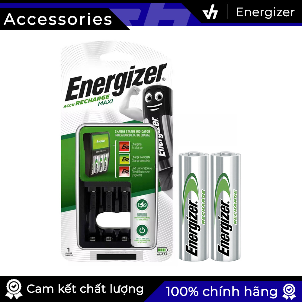 Sạc pin Energizer Charger kèm 2 pin TRAY AA 2000mAh - Sạc pin AA / AAA có đèn báo tự ngắt sạc