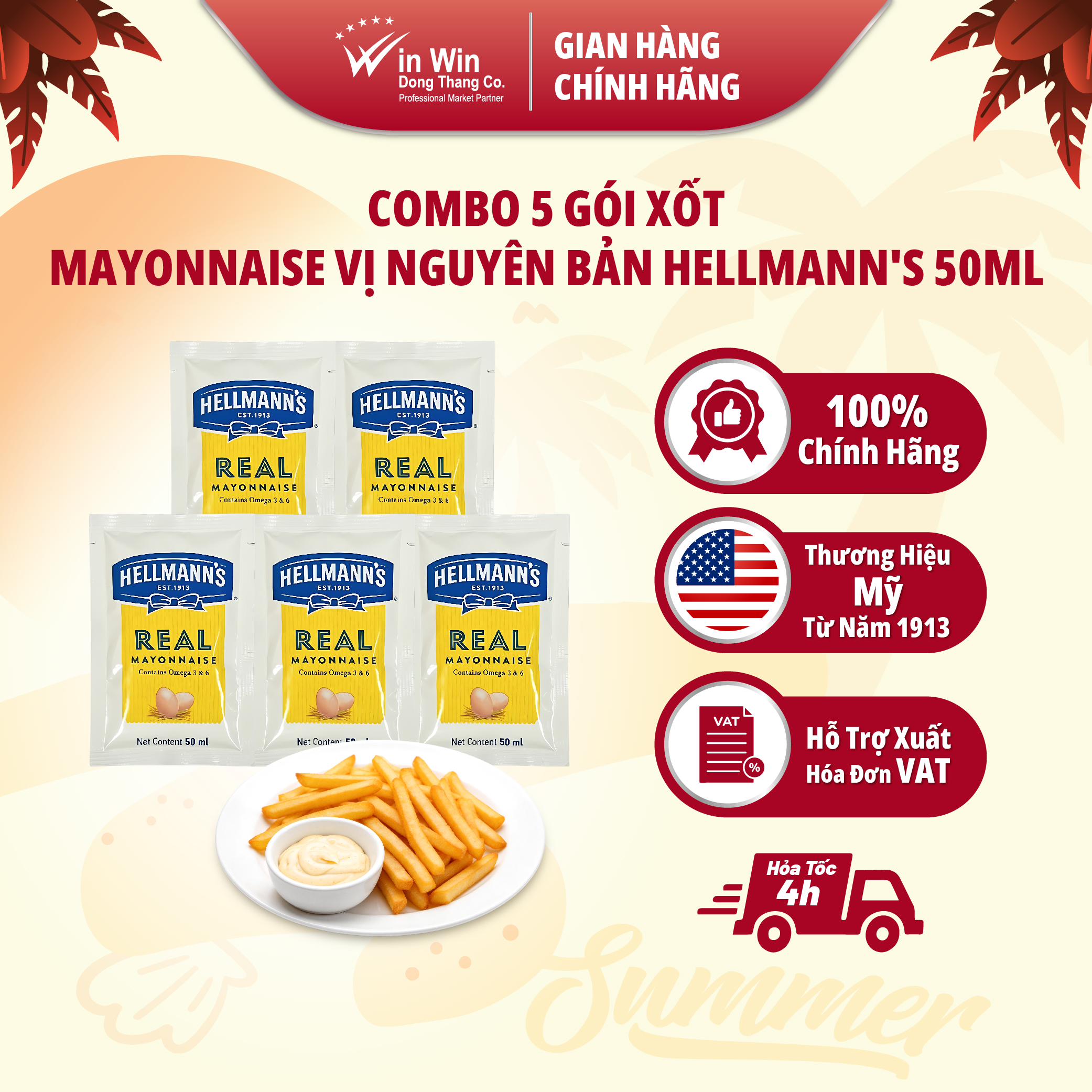 COMBO 5 Gói Xốt Mayonnaise Vị Nguyên Bản Hellmann’s 50ml - Thương Hiệu Mỹ, SX Thái Lan