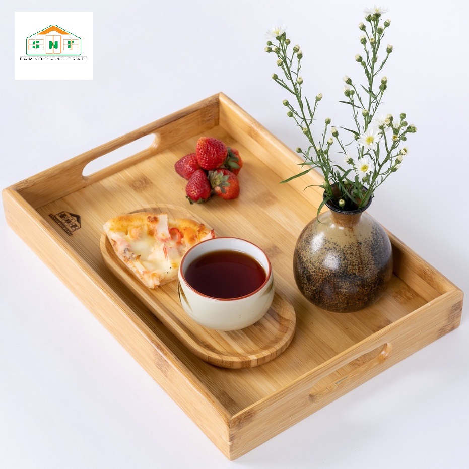 Khay trà bằng gỗ tre tự nhiên cao cấp, khay gỗ tre đựng trà đạo, đựng thức ăn có quai cầm bằng chất lượng cao