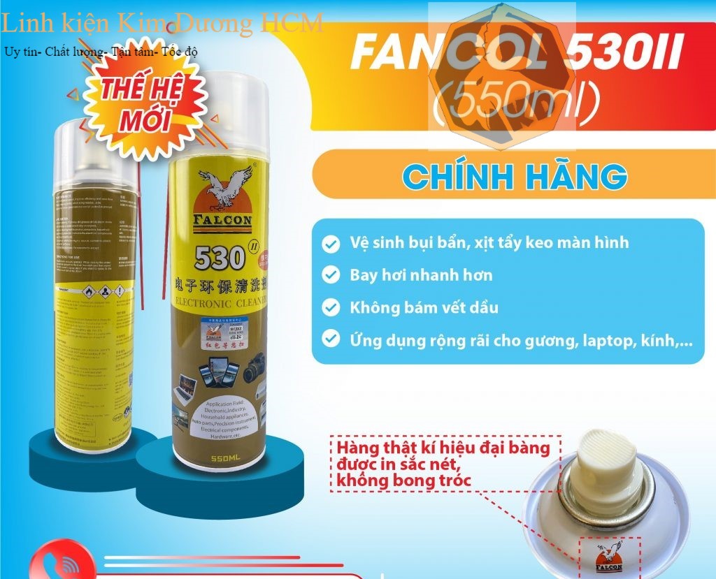 [HCM]Chai dung dịch Falcon 530 (550ml) thế hệ thứ II , tẩy keo tách benzen , rửa vệ sinh Bo mạch , linh kiện điện tử, ...Tẩy đa năng. FALCON chính hãng.