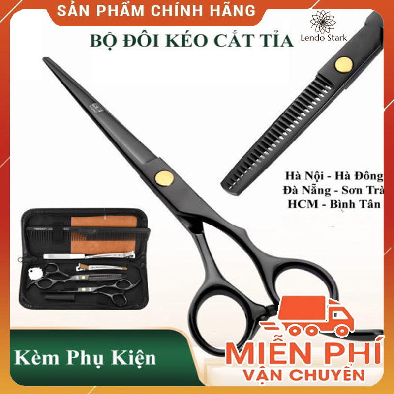 Kéo cắt tóc, kéo tỉa tóc, Bộ kéo cắt tỉa tóc sơn đen kèm phụ kiện đầy đủ