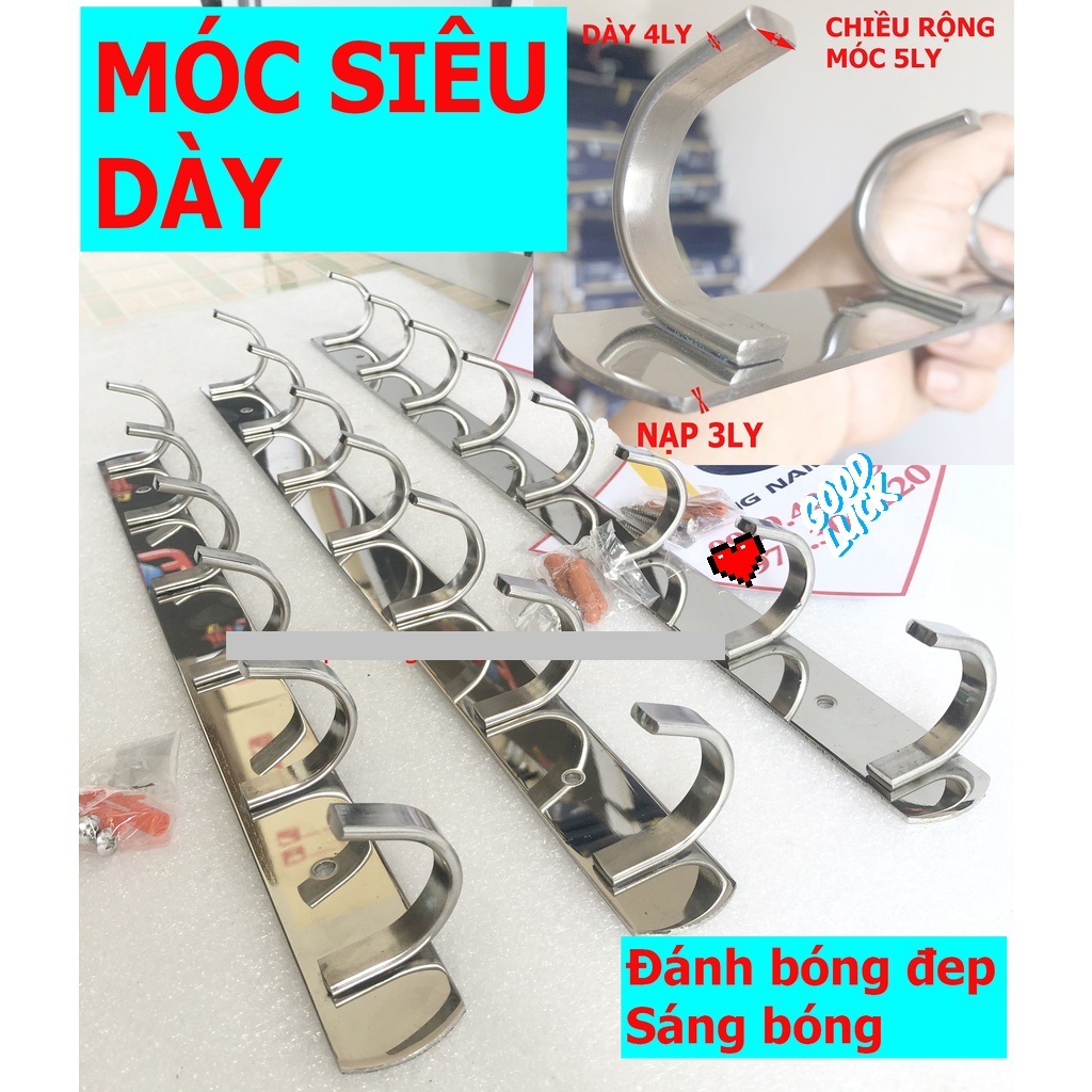 [HCM]Móc treo quần áo đồ bảng gắn tường INOX cao cấp 100% (Dày chắc, Kèm vít tắc kê) - Cây 6 7 8 9 10 móc.