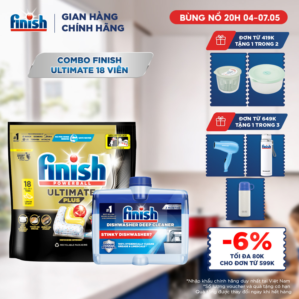 Viên Rửa Chén Bát Finish Powerball Ultimate Plus Intensive Lemon Sparkle 18 Viên + Dung Dịch Vệ Sinh Máy Finish 250ml