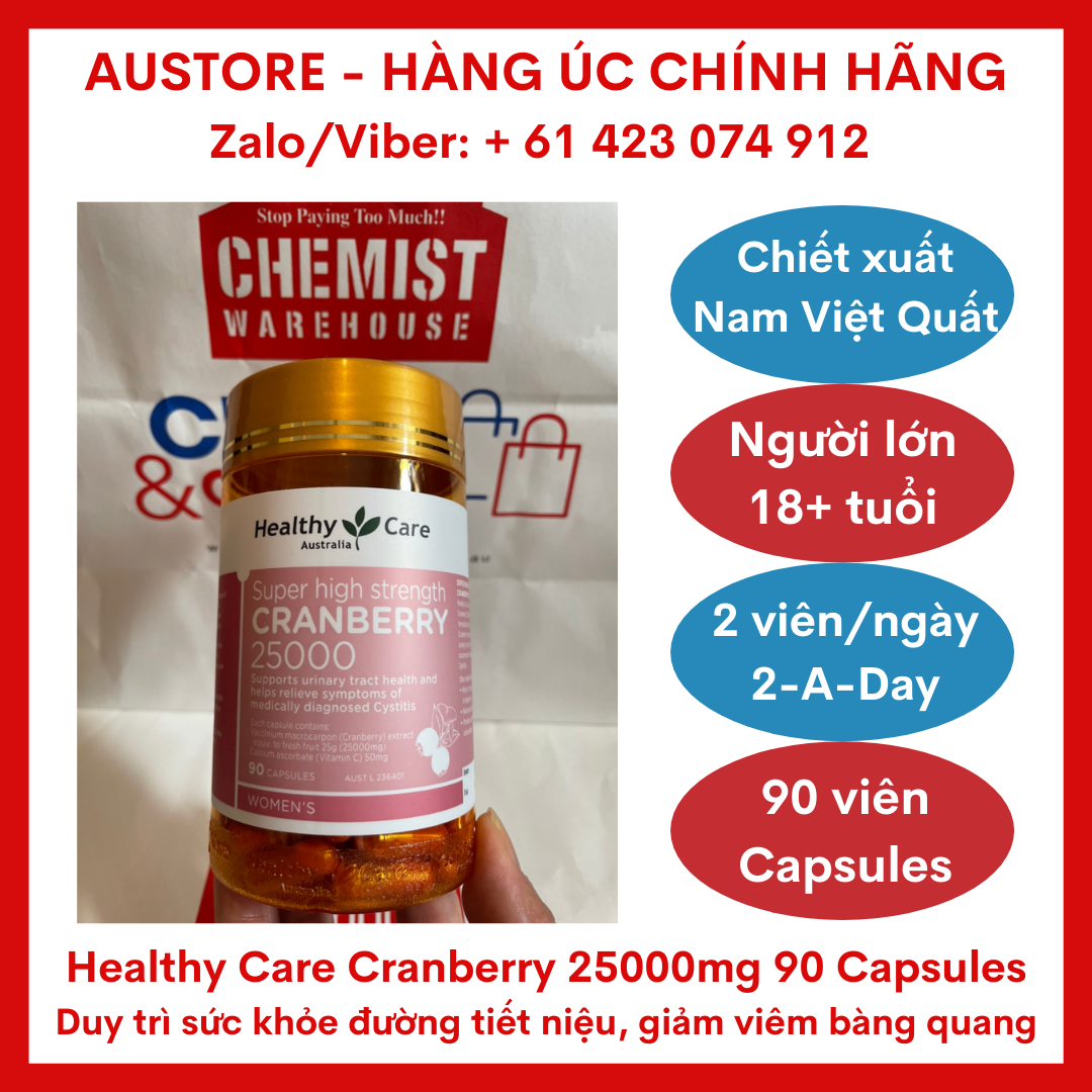 [Bill Úc, Date 12/2023] Healthy Care Super High Strength Cranberry 25000 90 Capsules - Viên uống Healthy Care Cranberry hàm lượng siêu cao hỗ trợ duy trì sức khỏe thận & đường tiết niệu, giúp giảm tiểu rắt, tiểu rát, nước tiểu đục, n