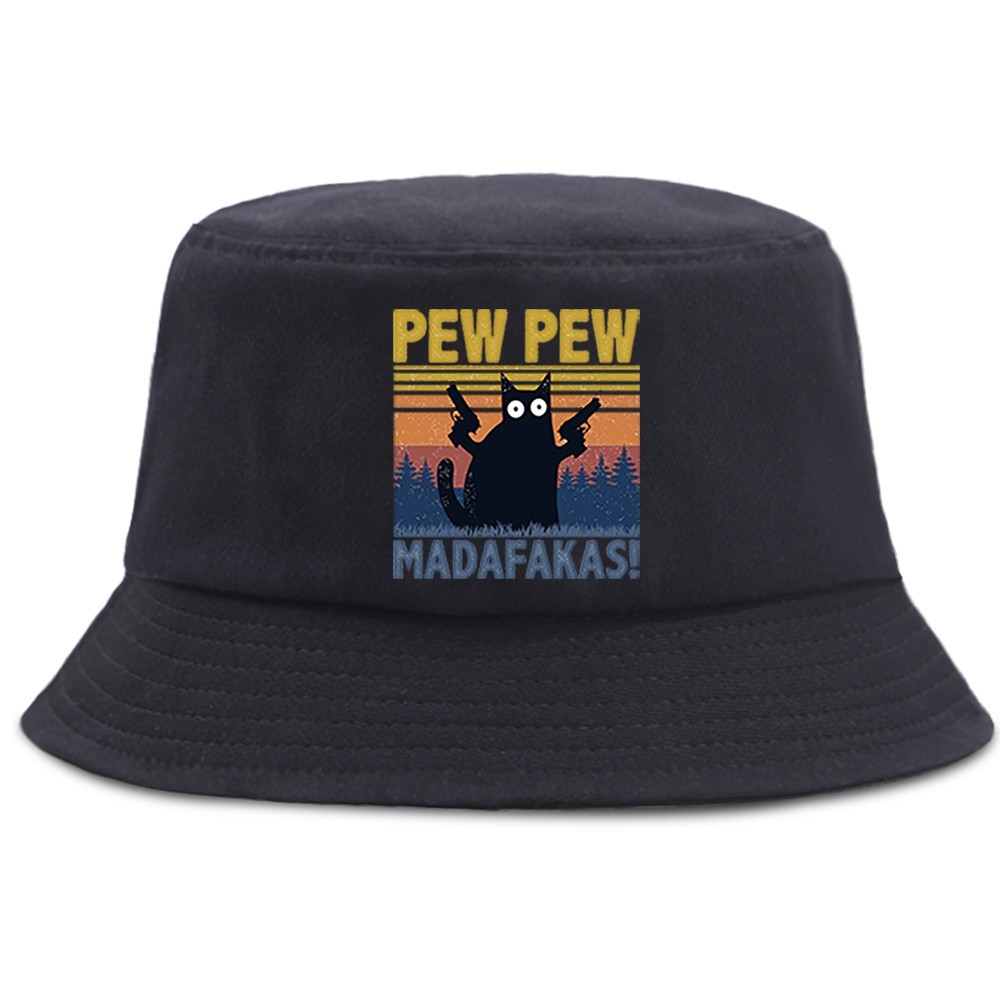 Pew Pew Madafakas Black Cat Detective bucket hat Casual Women Fisherman Hat Unisex Outdoor beach hat Men Summer Panama Cap