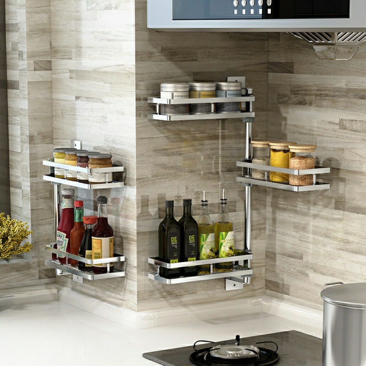 Kệ đựng gia vị INOX SUS304 xoay 180 độ, Giá inox treo đồ phòng bếp lắp đặt dán tường hoặc khoan vít nở - KX304