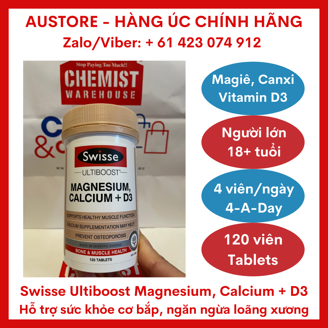 [Bill Úc] Swisse Ultiboost Magnesium Calcium + Vitamin D 120 Tablets - Viên uống bổ sung Magie Canxi + Vitamin D Swisse giúp xương chắc khỏe, phòng chống loãng xương