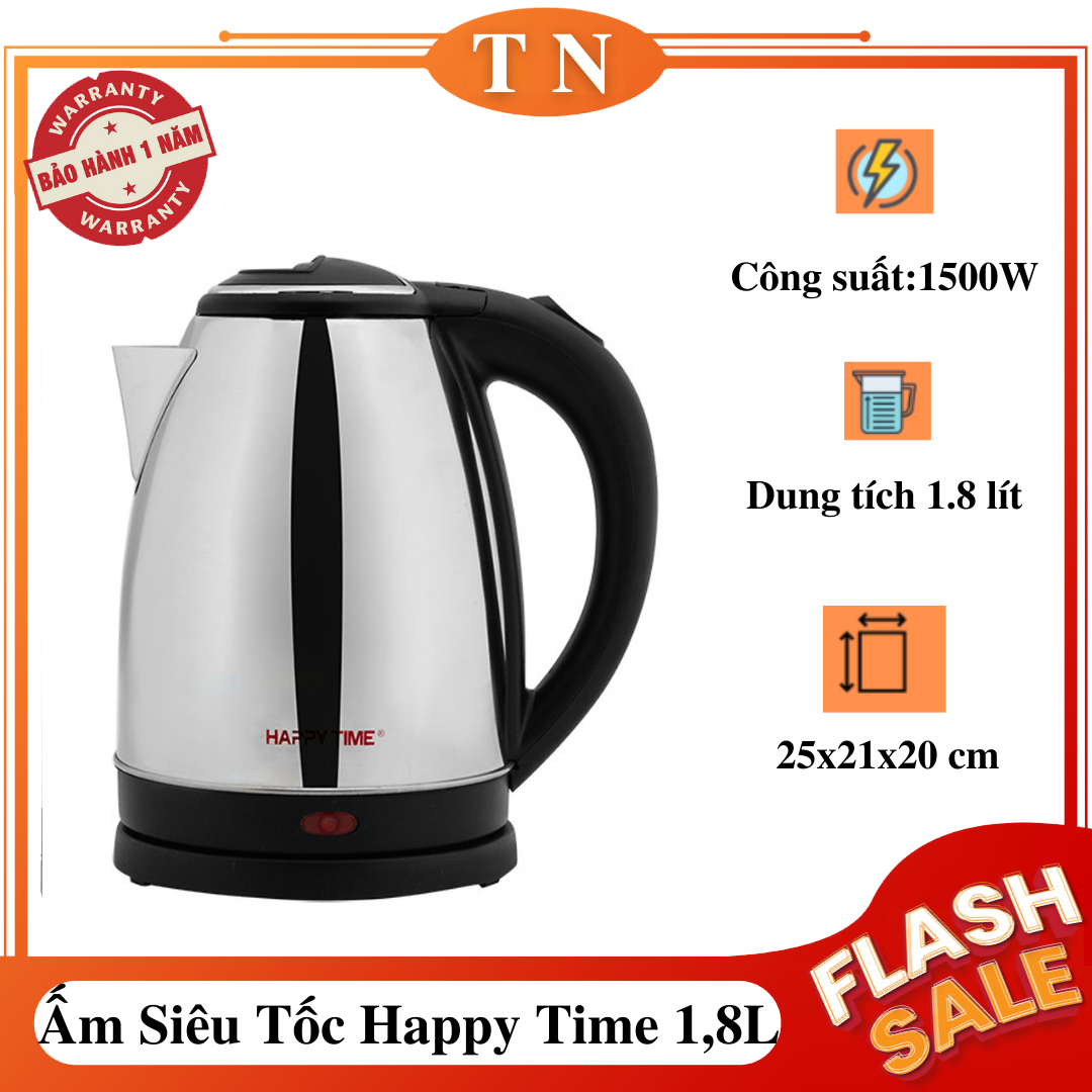 Bình siêu tốc inox happy time sunhouse 1,8l - ấm siêu tốc mini cách nhiệt, chất liệu thép sáng bóng, chế độ tự động ngắt