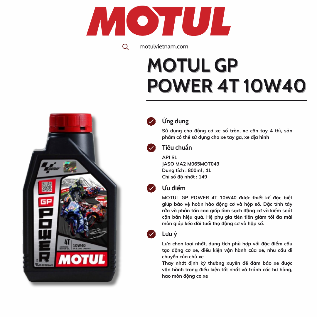 Dầu nhớt xe số MOTUL GP POWER 10W40 4T SL MA2 Gốc khoáng 800ml & 1L