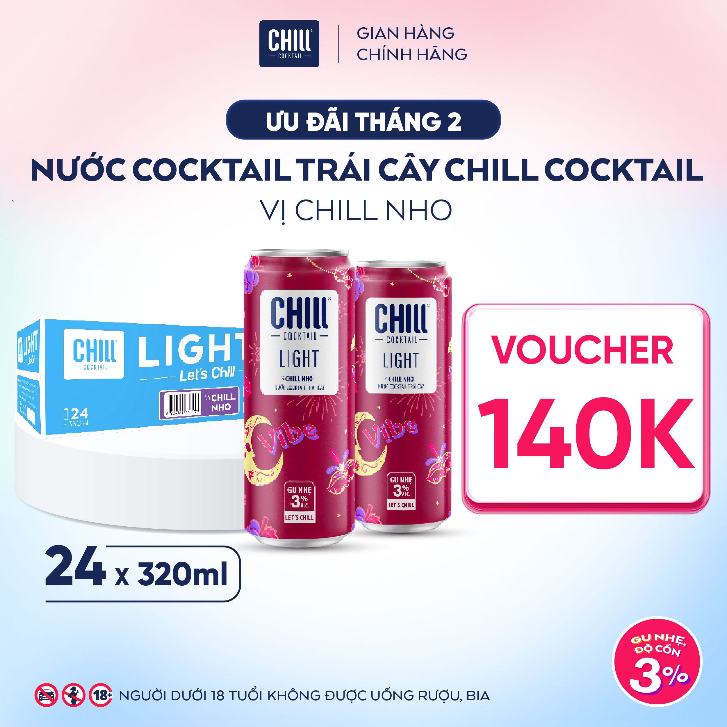 Thùng 24 lon Chill Cocktail vị Nho 330ml/lon (độ cồn 3%)