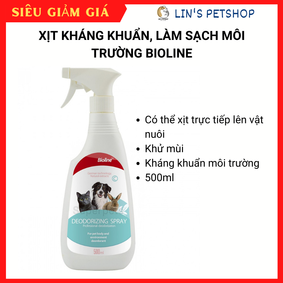 Xịt chuyên diệt khuẩn khử mùi chó mèo và mầm bệnh chuông trại Deodorizing Spray Bioline 500ml - Goumao