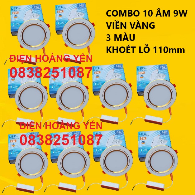 [HCM]Combo 10 đèn Led âm trần viền vàng 9W 3 màu 3 chế độ