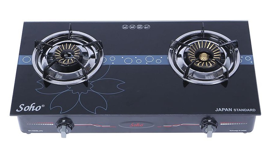 Bếp gas đôi mặt kính Soho điếu gang, ngọn lửa đồng thau Xoáy, Có họng hâm