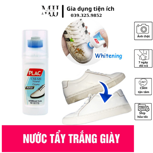 Nước tẩy trắng giầy Plac, lọ dung dịch làm sạch giầy nhanh có bàn chải cọ.