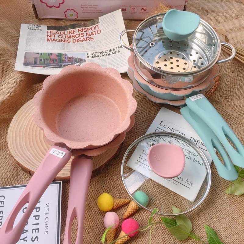 Bộ nồi chảo cho bé, bộ nồi hoa đá có lồng hấp cao cấp dùng chế biến đồ ăn dặm 5 chi tiết