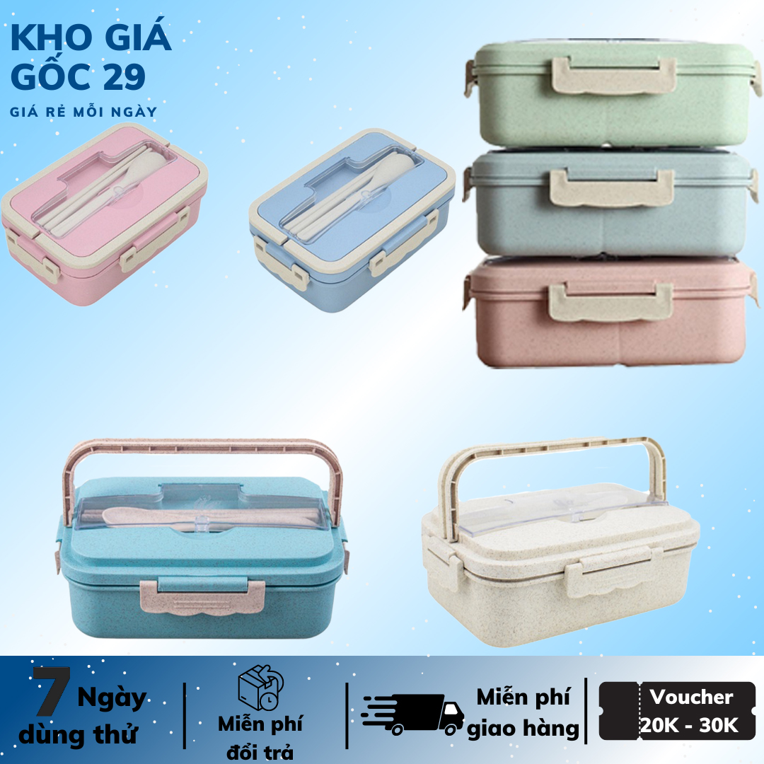 Hộp đựng cơm lúa mạch 3 ngăn kèm đũa thìa inox, hộp cơm văn phòng 3 ngăn