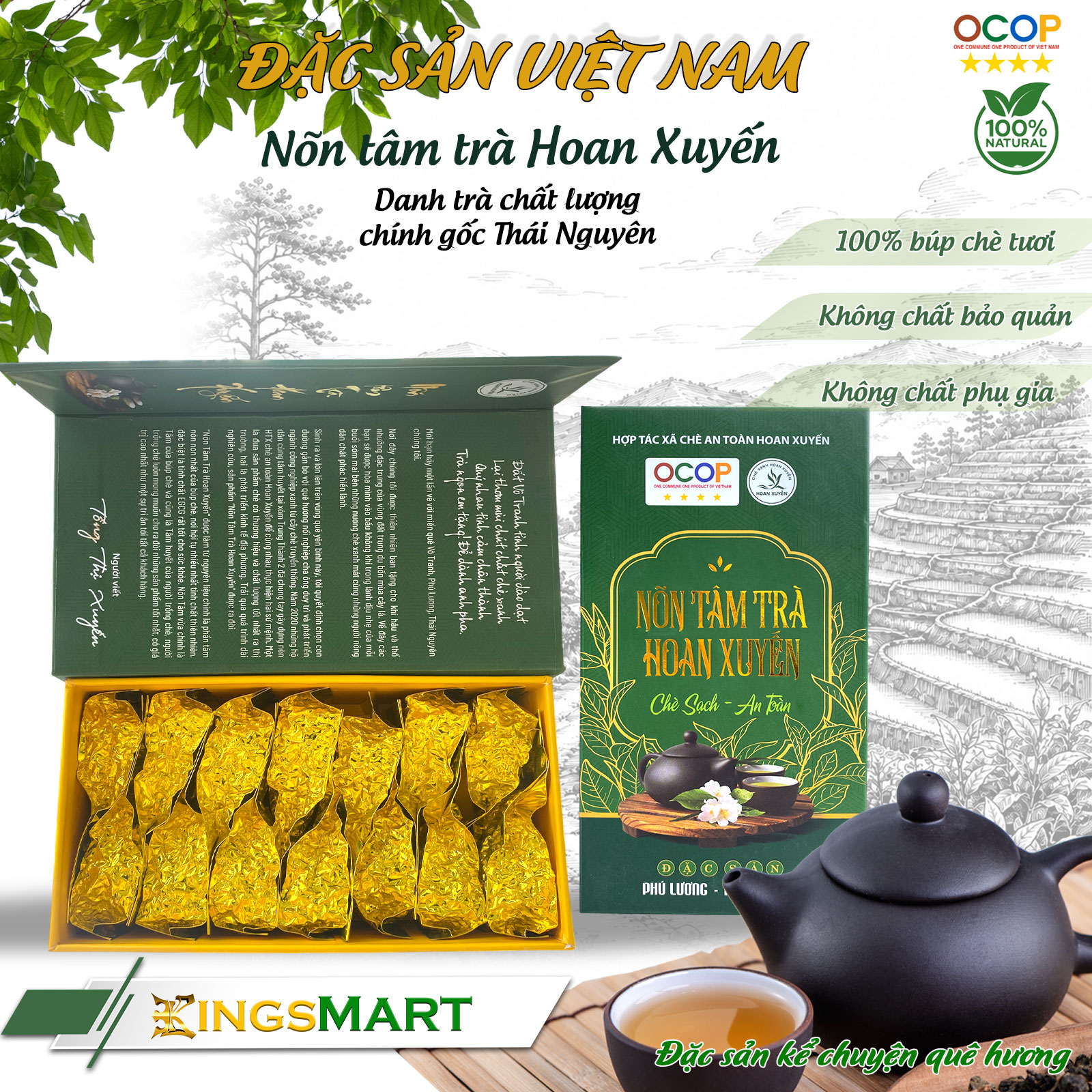 [Hộp Quà Biếu] Chè Nõn Thái Nguyên Thượng Hạng -Tinh Hoa Trà Việt-Hộp gấp 200g -Tặng túi xách- Kingsmart