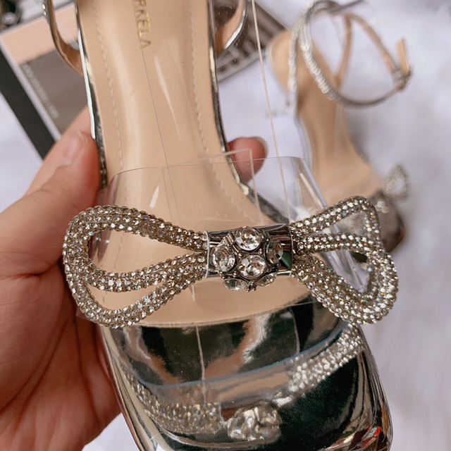 Sandal cao gót quai ngang trong Nơ đính đá gót nhọn 7p