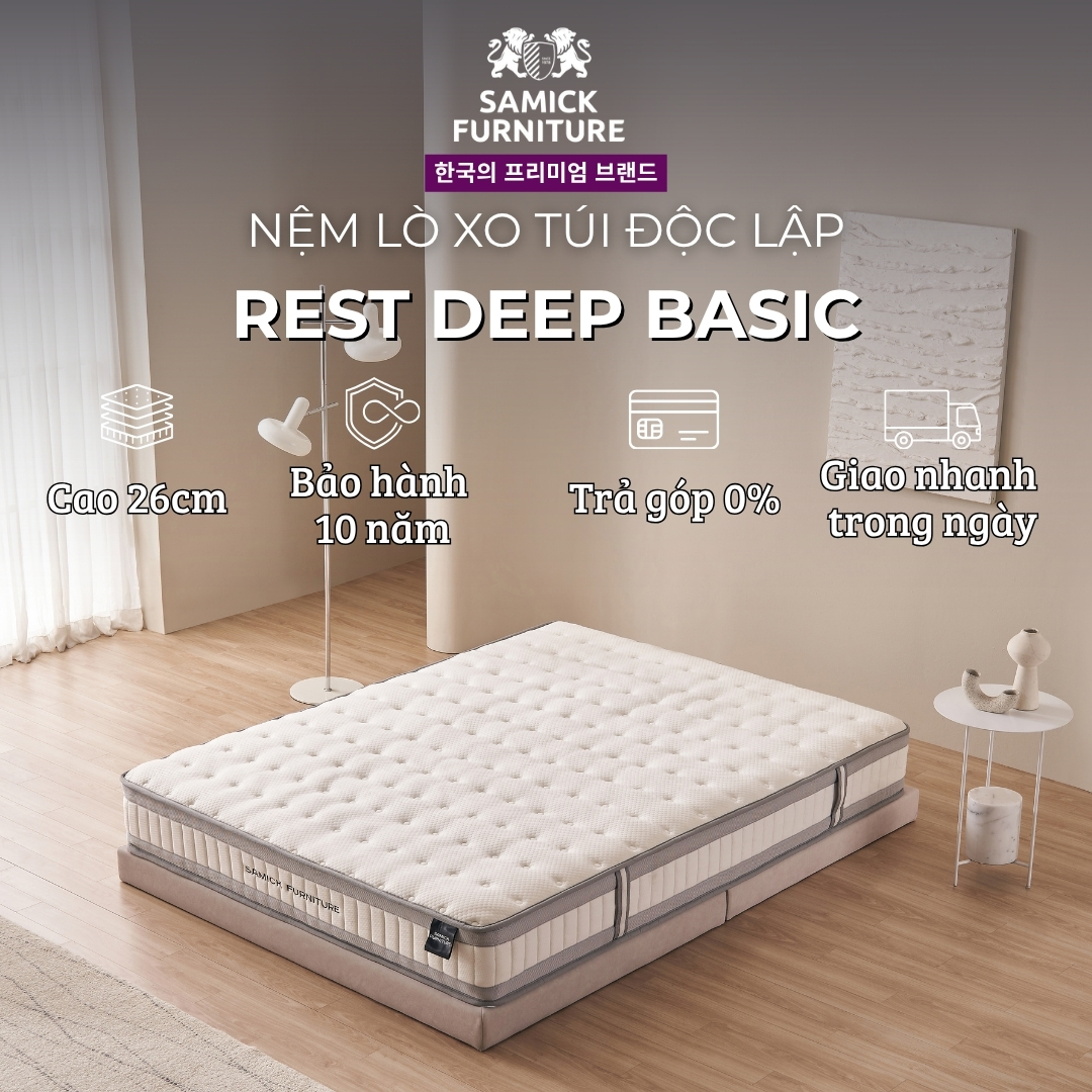 [Trả góp 0%] Nệm lò xo túi cao 26cm REST DEEP BASIC SAMICK FURITURE Hàn Quốc - Nâng đỡ cơ thể