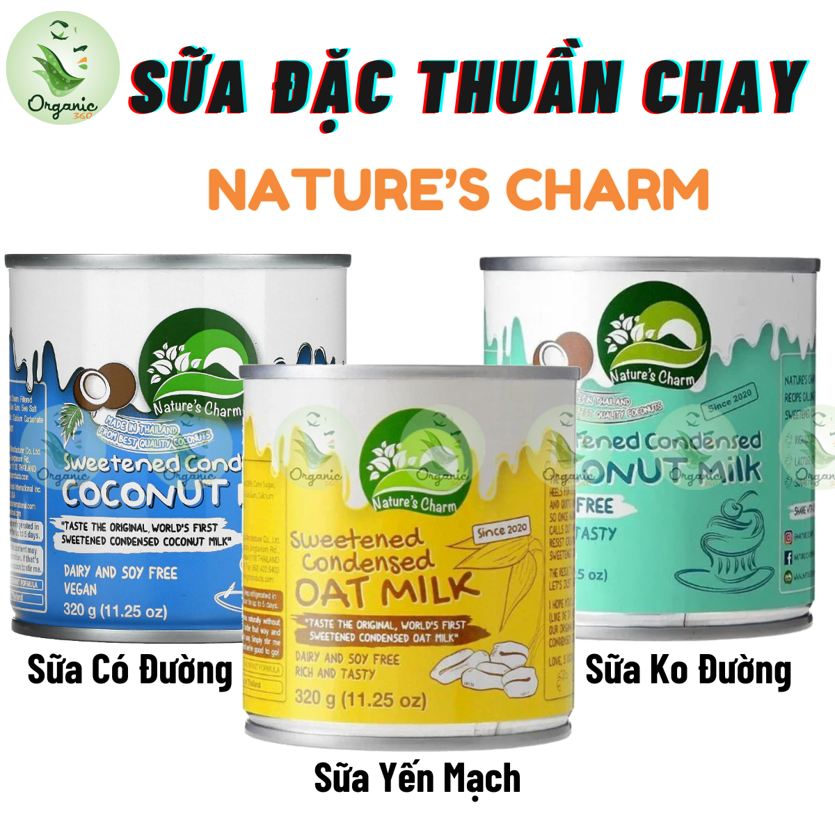 Sữa đặc thuần chay có đường, không đường, sữa yến mạch Nature's Charm 320g