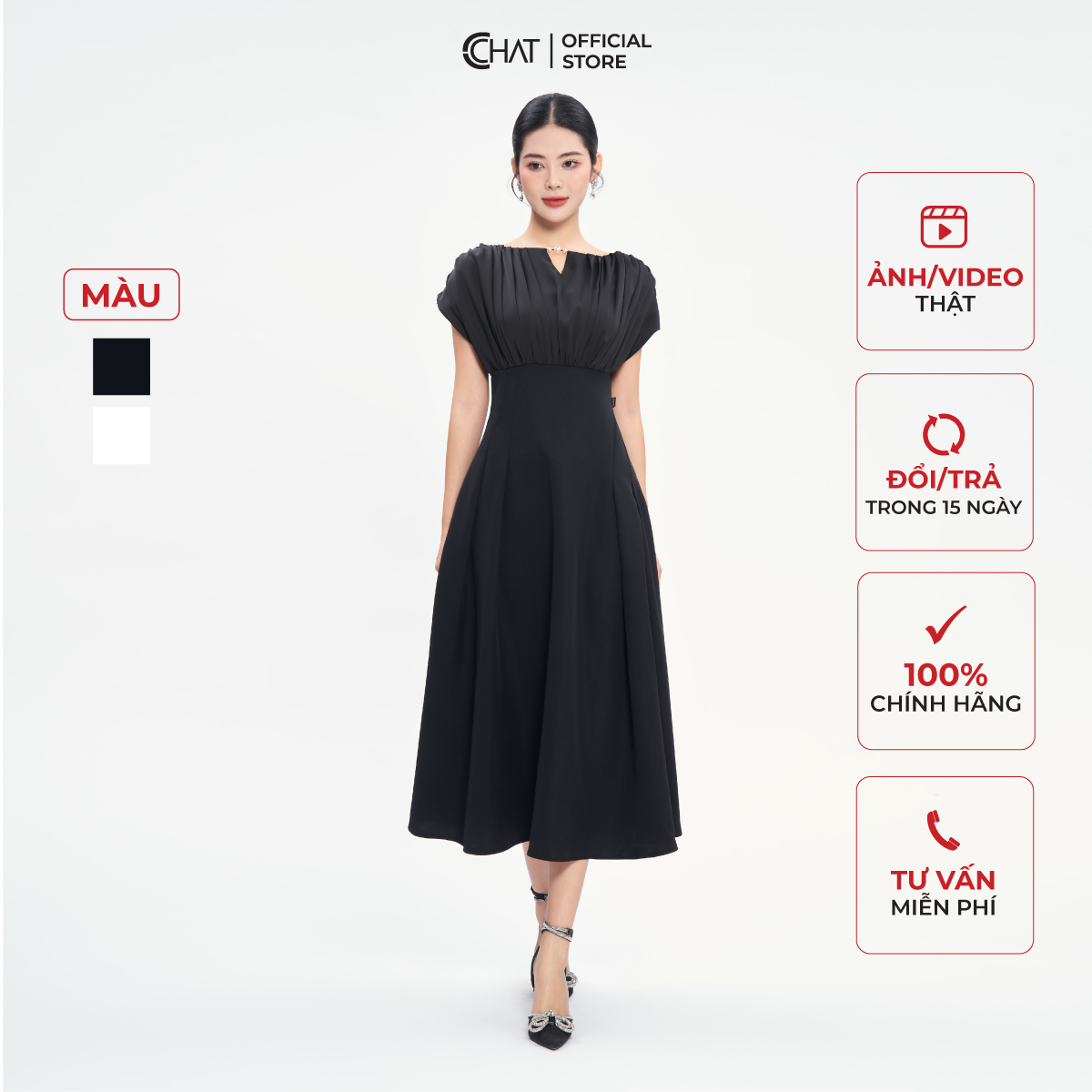 Đầm nữ cchat phối tay dơi ly bung chất liệu tuytsi cao cấp 53vns8007xt
