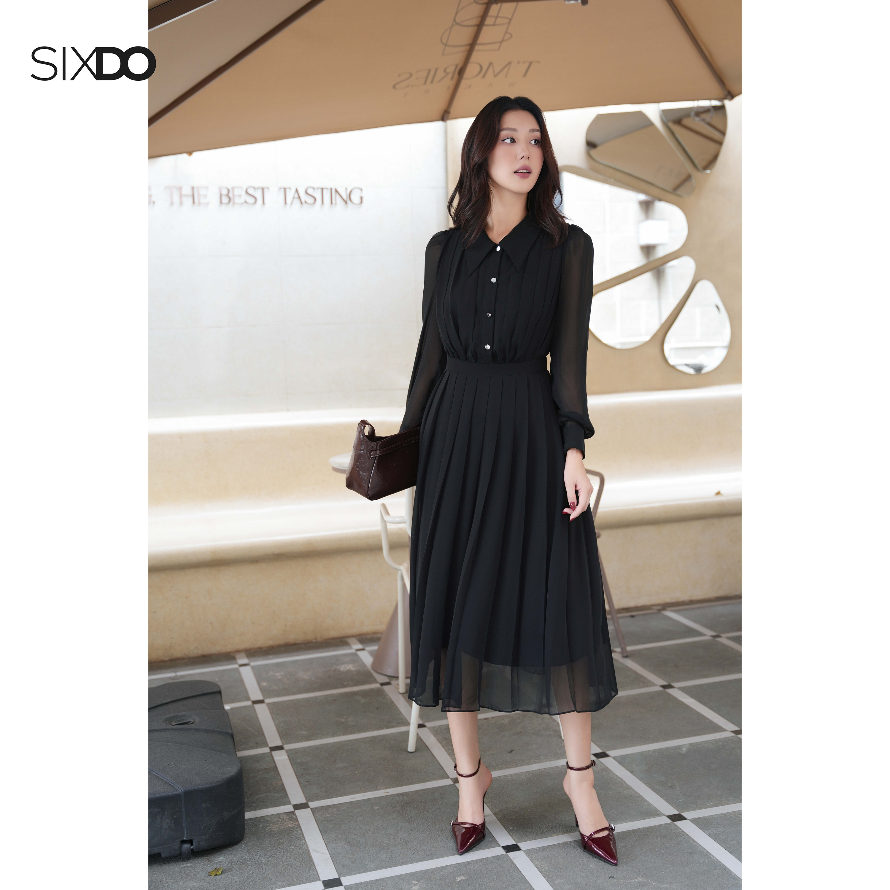  Đầm sơ mi chiffon cổ đức xếp lý dáng dài SIXDO  Black Chiffon Flared Dress  