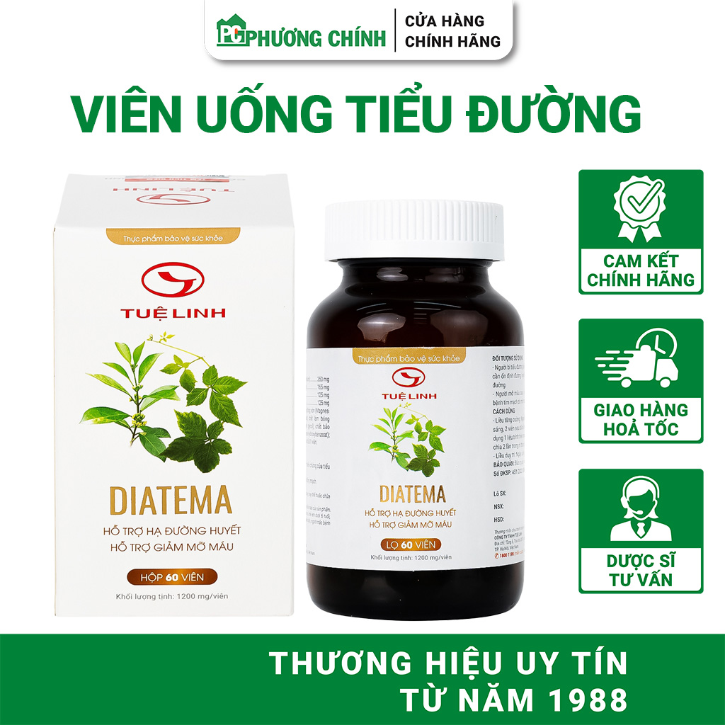 Viên Uống Tiểu Đường Tuệ Linh Diatema Hỗ Trợ Hạ Đường Huyết, Giảm Nguy Cơ Biến Chứng Tiểu Đường 60 Viên/Hộp