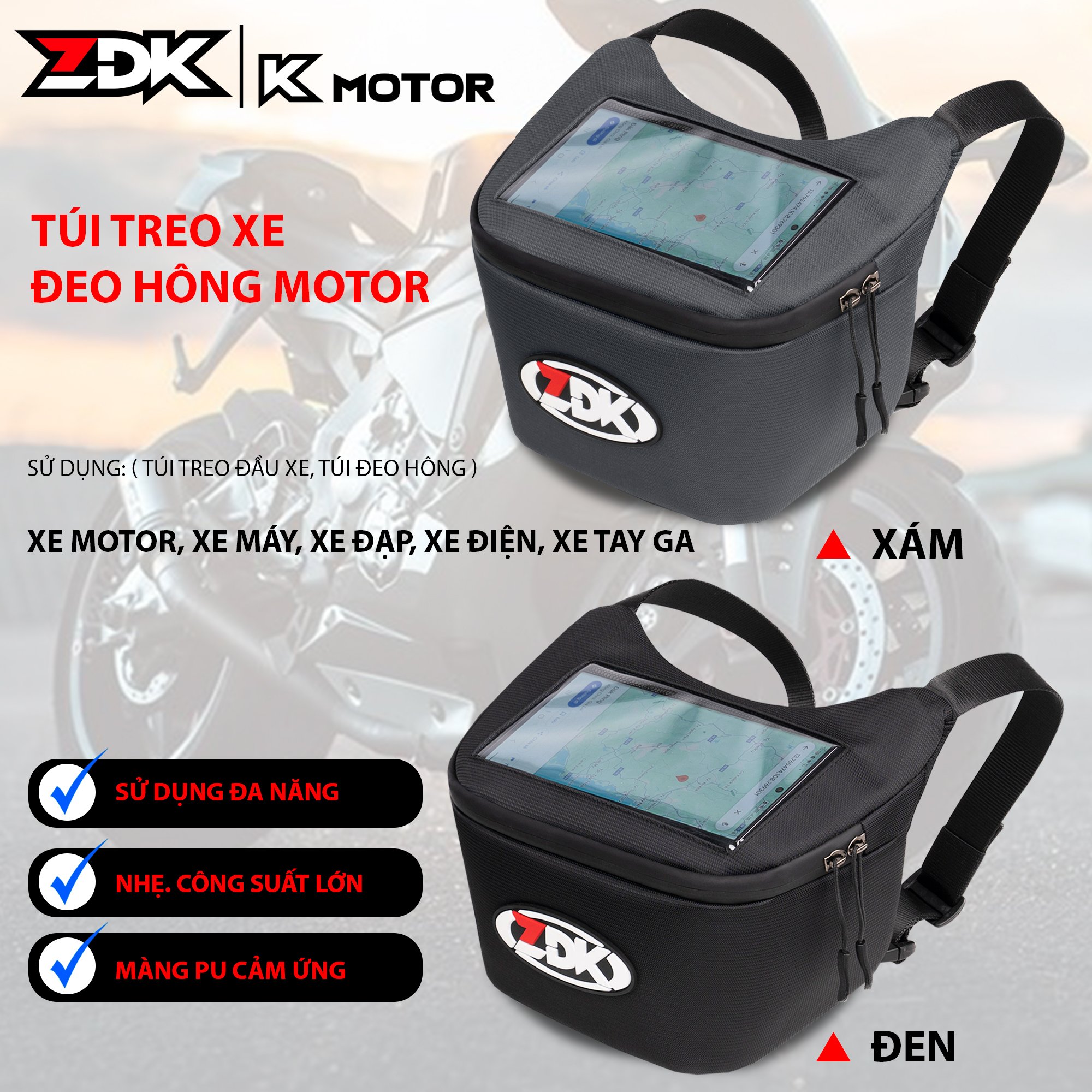 ZDK MOTOR - Túi đa năng treo đầu xe, túi treo xe motor, xe máy, xe đạp, túi đeo hông linh hoạt nhiều kiểu đeo