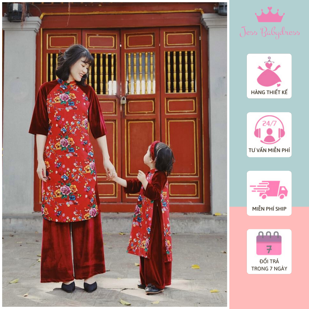 Áo dài nhung gấm mẹ và bé JessBaby, set quần và áo dài cao cấp, váy cho mẹ, váy cho bé, sang trọng, thời trang ngày Tết