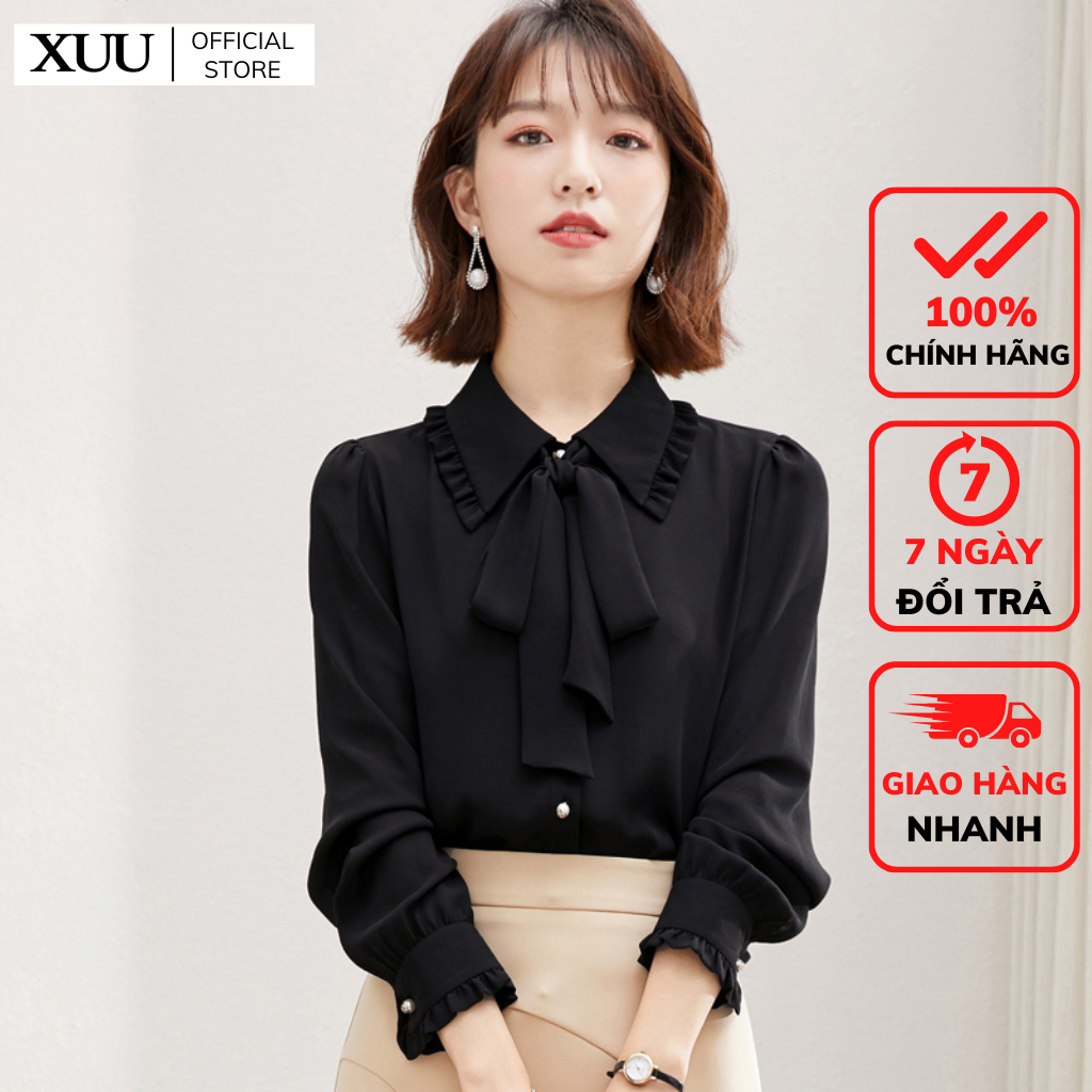 Áo sơ mi nữ thắt nơ xuu, áo sơ mi kiểu nữ chất vải đẹp xu03 đen