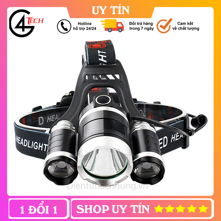 Đèn pin siêu sáng, đèn pin đội đầu 3 bóng siêu sáng, đèn led đội đầu 3 bóng + 2 pin sạc 18650 + 1 củ sạc