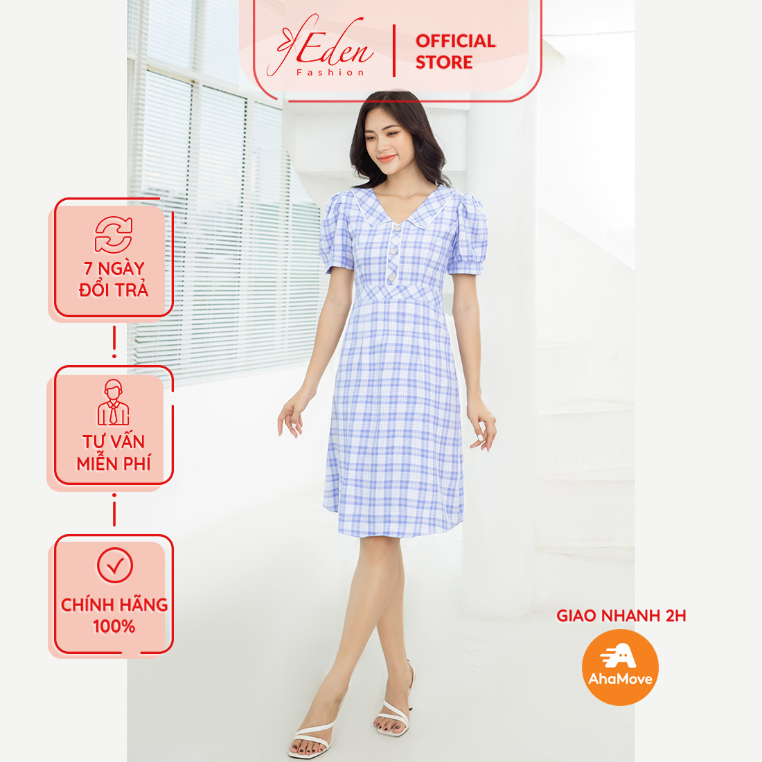 Váy đầm xòe công sở nữ thời trang Eden 2 lớp cổ sơ mi có túi phối nút ngực chất liệu co giãn họa tiết caro tay ngắn - D449