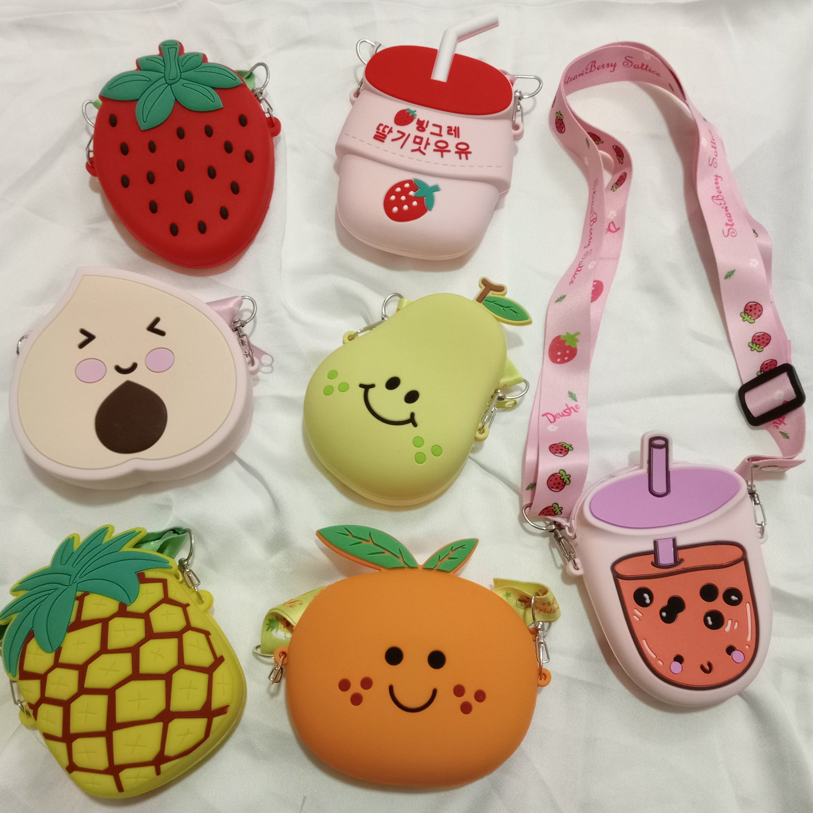 Túi đeo chéo silicon mini cho bé hình hoa quả và trà sữa cực cute