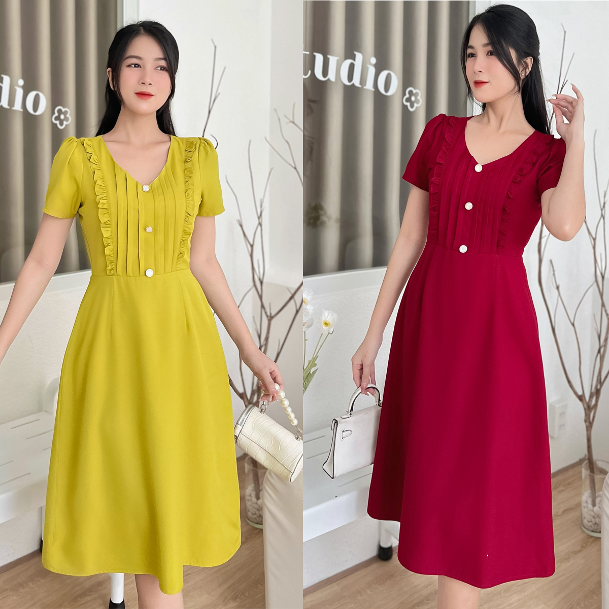 Đầm cổ v xếp ly sang trọng d100 - lady fashion