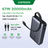 Sạc dự phòng UGREEN 20000mAh Powerbank PD67W MAX sạc nhanh Pin dự phòng kèm cáp Type-C Cable 1C1A Space Gray for iPhone 16 Pro Max iPhone 15 Pro Max iPhone 13 Samsung S23 Ultra Samsung S24 Ultra HUAWEI Xiaomi 13-15 private 67W Protocol Model：55996