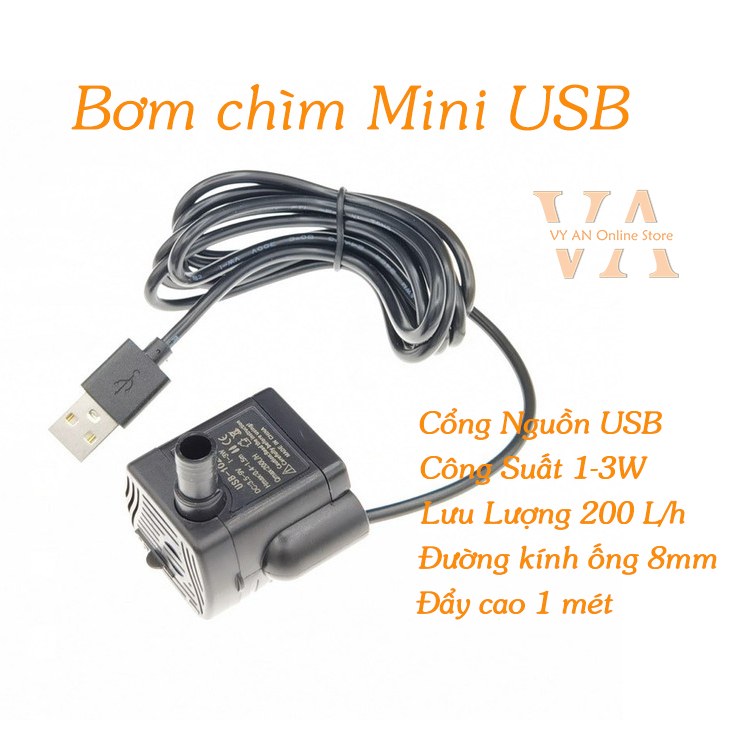 Bơm chìm mini cổng usb 5v - 3w lưu lượng nước 200l/h - không chổi than, không ồn