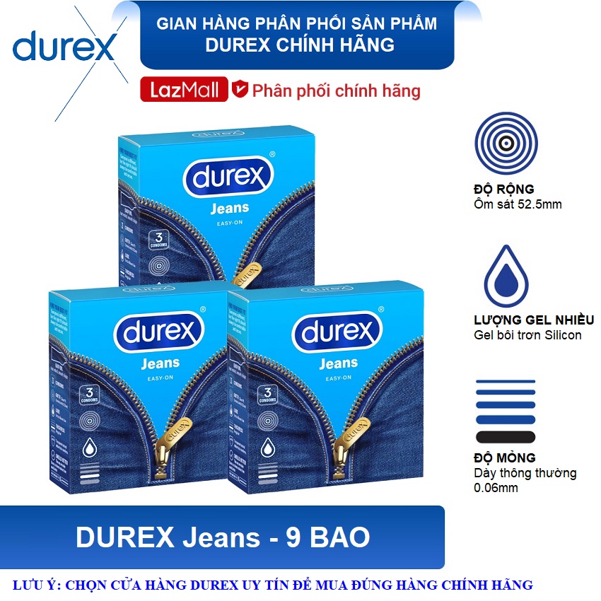 Bộ 3 hộp bao cao su durex jeans 3 bao - cơ bản , size 52.5mm
