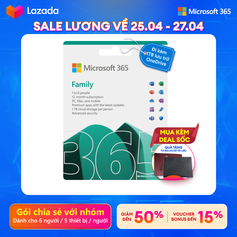 [ KEY GIA HẠN hoặc MUA MỚI ] Phần mềm Microsoft 365 FAMILY | Dành cho tối đa 6 người | 12 tháng | 5 thiết bị/người | Word, Excel, PowerPoint | 1TB OneDrive