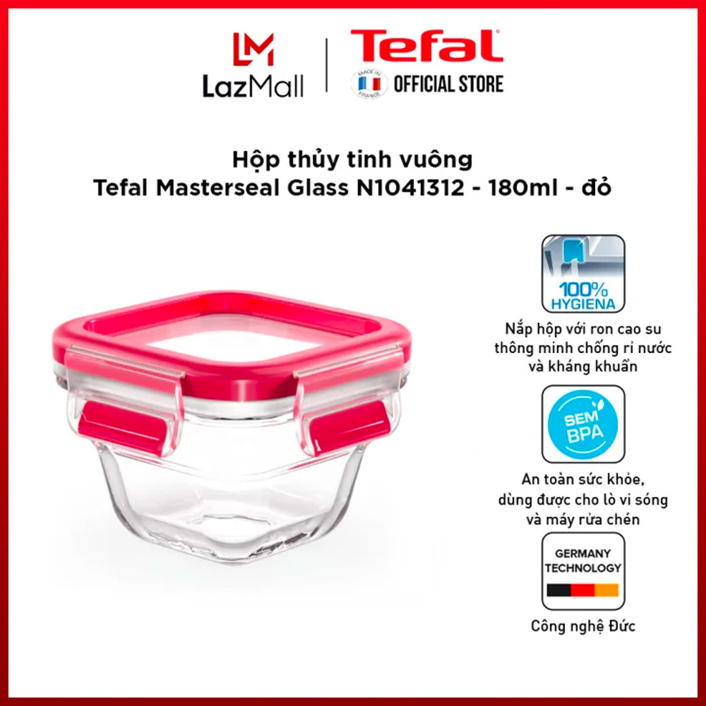 Hộp bảo quản thực phẩm thủy tinh vuông đỏ size 180-2000 ML Tefal Masterseal Glass