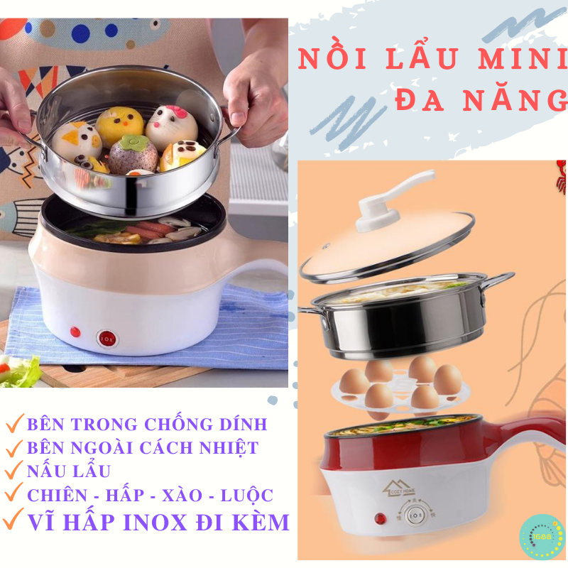 Nồi nấu lẩu - Nồi Lẩu Mini Đa Năng 2 ngăn cao cấp  có tay cầm Xào, Nấu, Chiên, Hấp 2 Tầng, nồi nấu mì tiện dụng với Lớp Chống Dính - Size 18cm, Ổ cắm 2 chấu - Tặng kèm khay hấp bánh