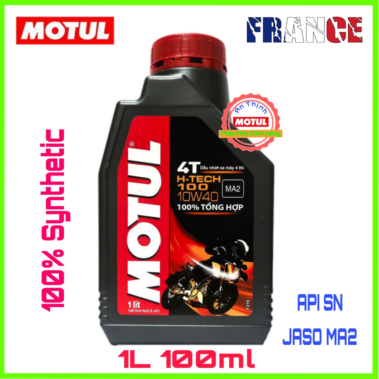 1L 100ml Nhớt MOTUL H-TECH 100 4T 10W40 SN MA2 100% Tổng Hợp 1 Lít