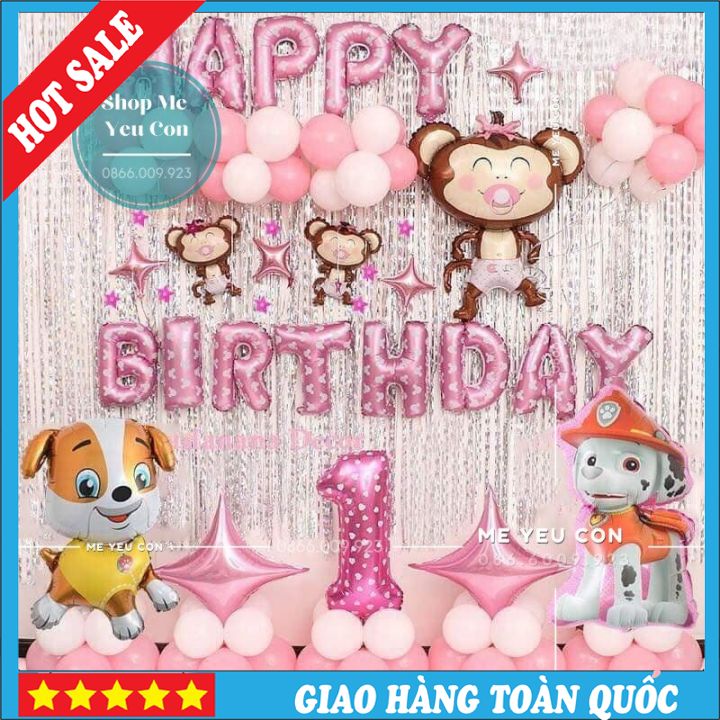 Set Trang Trí Sinh Nhật Cho Bé Gái Tuổi Cún, ComBo Bóng Bay Màu Hồng Đẹp  💕💕SALE💕💕