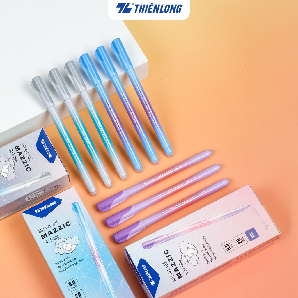  Combo 20 Bút gel xóa được Mazzic ngòi 0.5mm mực xanh đen tím có gôm tẩy chuyên dụng trên thân Thiên Long GELE-006 