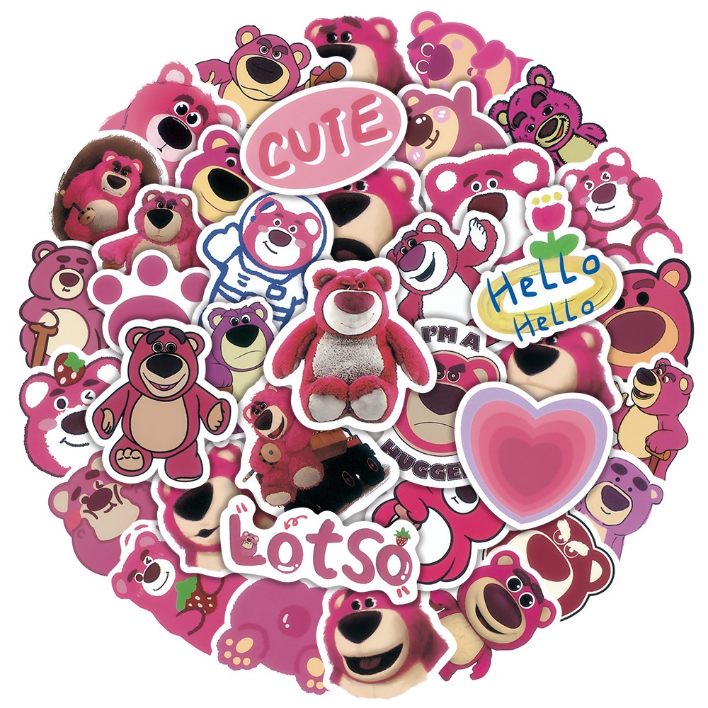 Set 50 miếng dán in194 cao cấp , sticker dán chống thấm nước - 6-8cm - gấu dâu tây