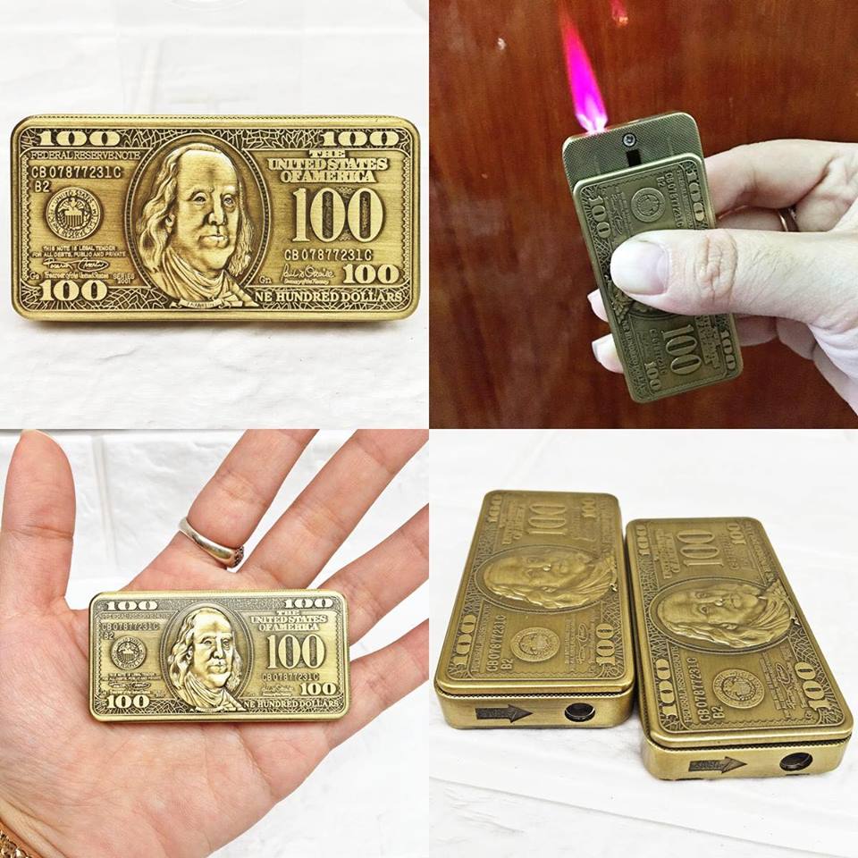 Bật lửa khè trượt hình tiền 100 đ.ô độc lạ -