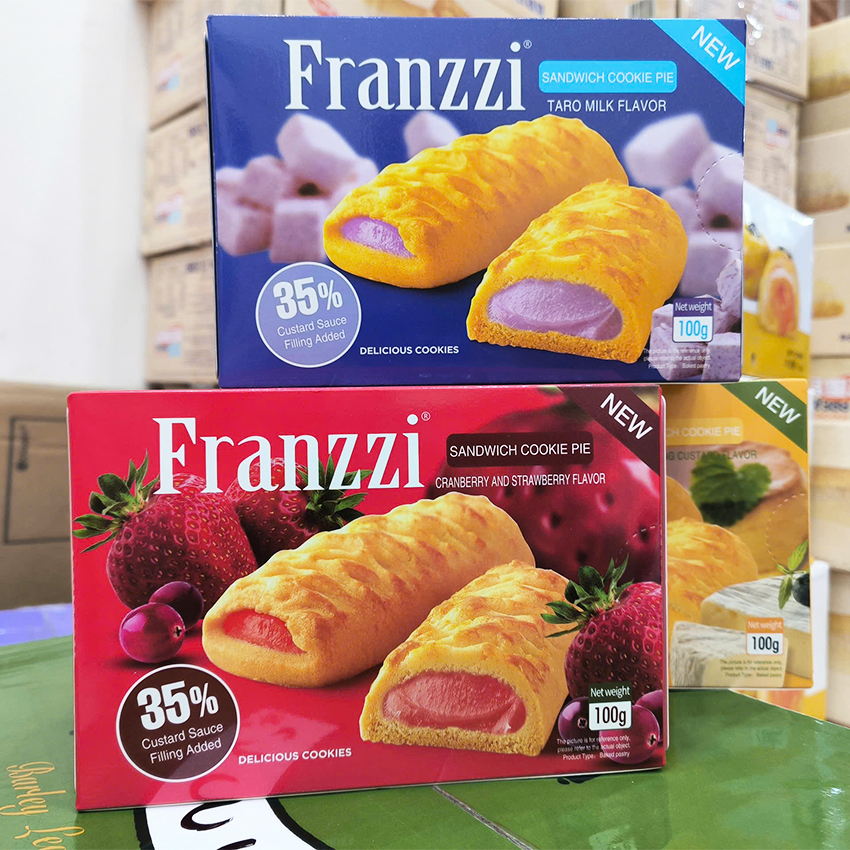 Bánh Quy Franzzi Sandwich Nhân Kem Khoai Môn, Dâu, Trứng Sữa Hộp 100g B210 - Gia Ngân Food