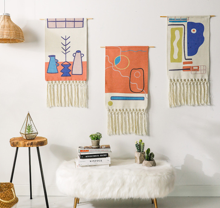 Tranh vải treo tường vintage nhiều họa tiết 50x70cm tặng kèm thanh gỗ treo+móc+dây