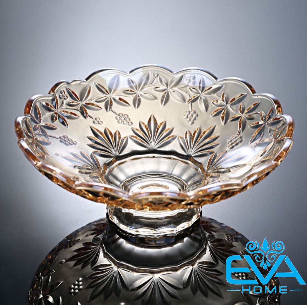 Đĩa Thuỷ Tinh Pha Lê Vàng Chân Cao Đựng Hoa Quả / Thố Mứt Tết / Khay Mâm Bông Thuỷ Tinh Ánh Vàng Cao Cấp 329 M3560