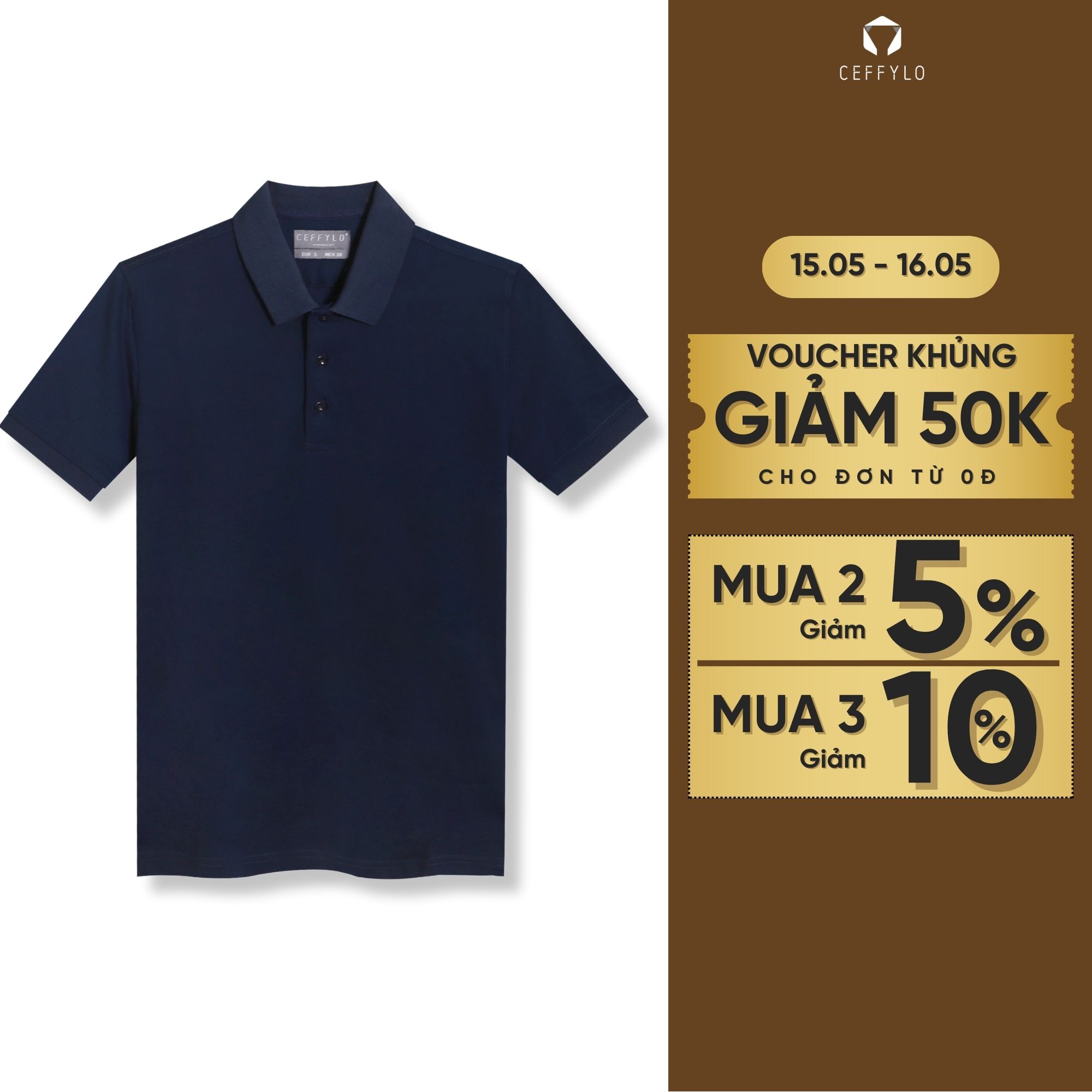Áo polo nam trơn CEFFLO màu xanh navy chất cotton thoáng khí hạn chế nhăn mềm mại co giãn hạn chế nhăn thời trang nam